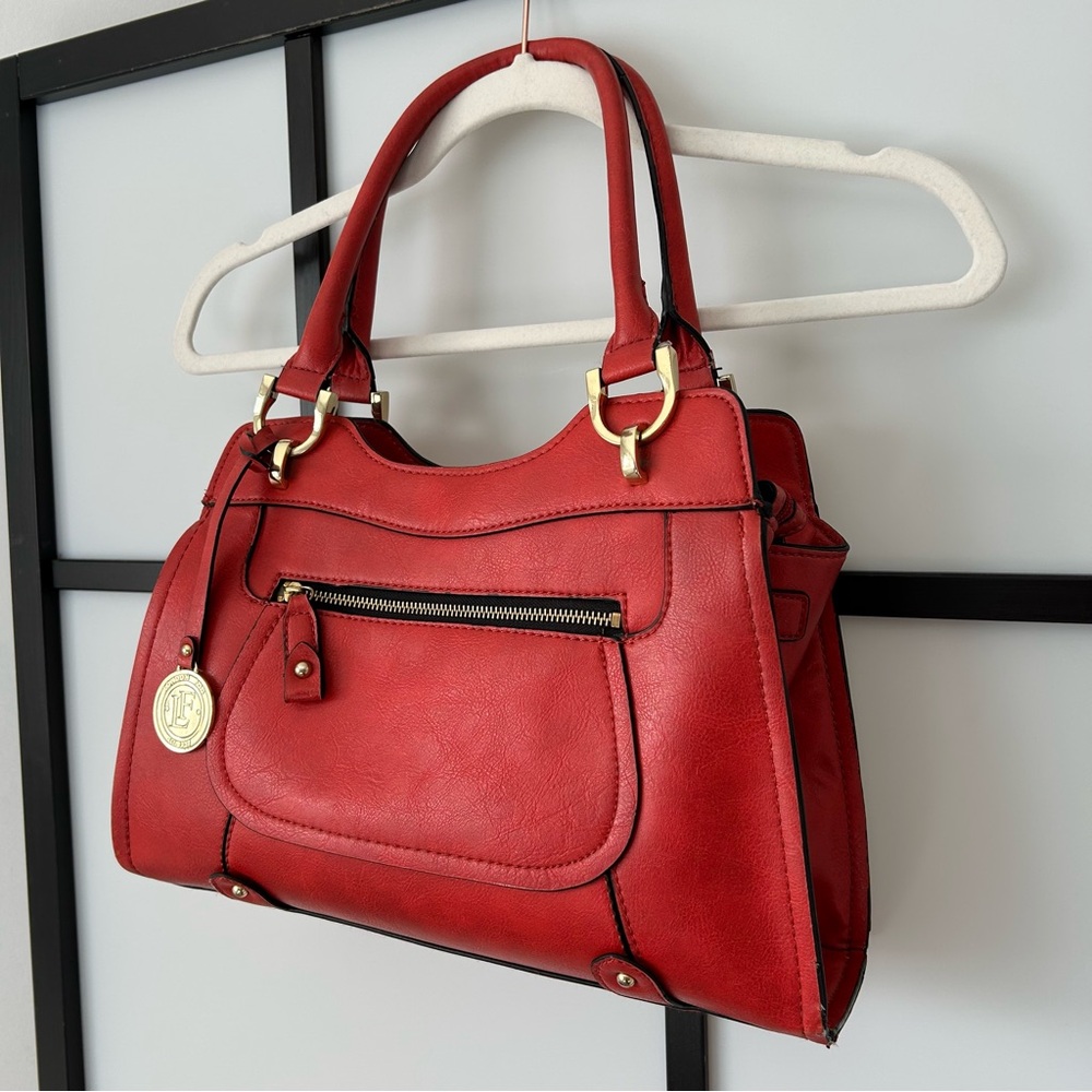 London Fog Structured Red-Orange Leather Handbag with Gold Hardware Refurbished